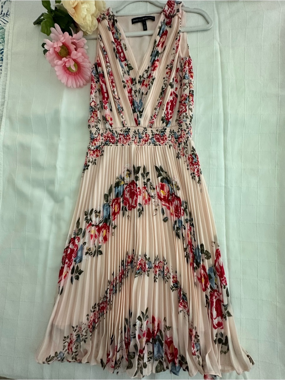 WhHBM  NWOT SoftP Pink Midi Dress with Red & Blue Floral!